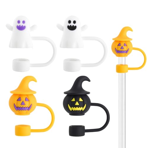 Decorativas de pajita de Halloween – Tapas de pajita calabaza fantasma para vasos – 4 piezas accesorios para copas – Vaso de cocina comedor