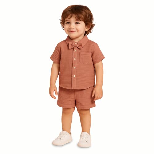 Image of Kidbea 100% Linen Shirt & Pant Co-ord Set for Kids | Elegant & Comfortable Summer Wear | Stylish Short-Sleeve Shirt with Bow & Comfy Shorts