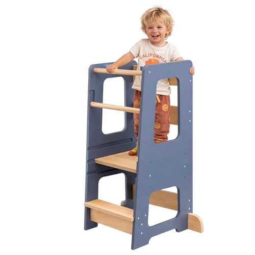 KYWAI Montessori Lernturm ab 1 Jahr aus robustem Holz Premium-Modell in Großformat Learning Tower mit Doppelter Sicherheitsbarriere Antirutschstreifen Höhenverstellbar
