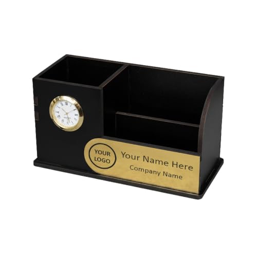 Image of Deskart Personalized Wooden Desk Organizer with Clock & Name Plate | Premium MDF Pen Stand, Mobile Holder, Visiting Card Holder & Office Table Organizer for Home and Office Desk
