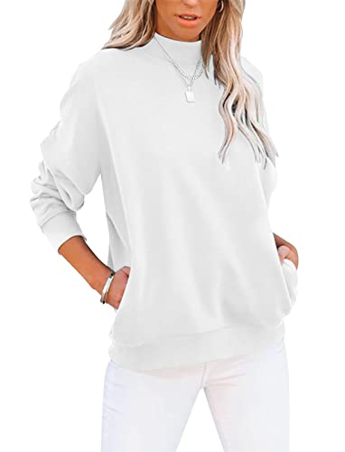 Onsoyours Damen Sweatshirt Freizeit Einfarbig Rollkragen Langarmshirt Pullover Herbst Winter Leichtes Sweatshirt Tops Oberteile Mit Taschen A Weiß XL