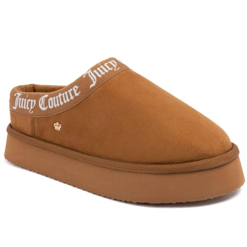 Juicy Couture Women's Platform Slipper Mule – Cozy Indoor Outdoor House Shoe with Memory Foam and Logo Trim-Oney-Cognac-11