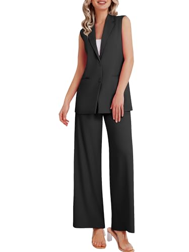 Women's 2 Piece Suit Sets Sleeveless Two Button Vest and Wide Leg Pants Business Casual Work Outfits
