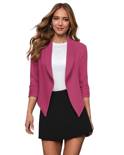 Hybrid & Company Lightweight Open Front Cardigan Classic Ruched Sleeve Work Office Blazer Suit Jackets JK1133 Fuchsia L