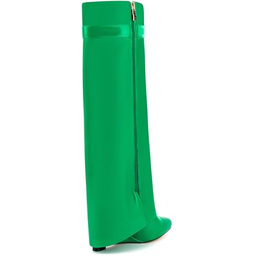 Image of Fold Over Knee High Boots for Women Pointy Pull-on Wedge Heel Knee Shark Boot With Side Zipper Covered Wedge Heel Padlock Boot