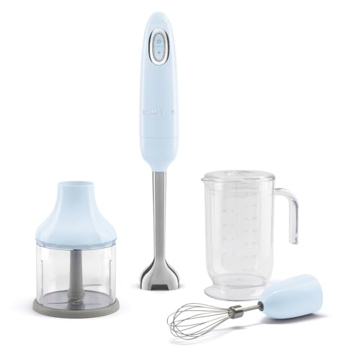 SMEG Handheld Immersion Blender with Beaker, Chopping Bowl w/Lid, Wire Whisk, 5 Speed Controls, made with Stainless Steel Blades and Ergonomic Design (Pastel Blue)