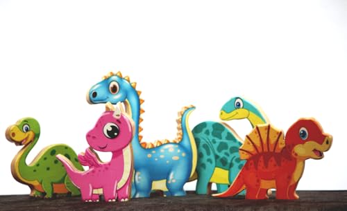 Image of Handcrafted Wooden Colourful Dinosaur Toys | Realistic Miniature Animal Figures | Educational Dino Pretend Play Animal Toys for Kids aged 2 years and over | Multicolour Figures - Set of 5