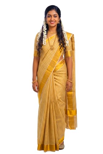 Image of Kerala Traditional Tissue Saree for Women with Running Blouse | South Indian Ethnic Saree for Weddings Onam Vishu Temple Wear & Festivals