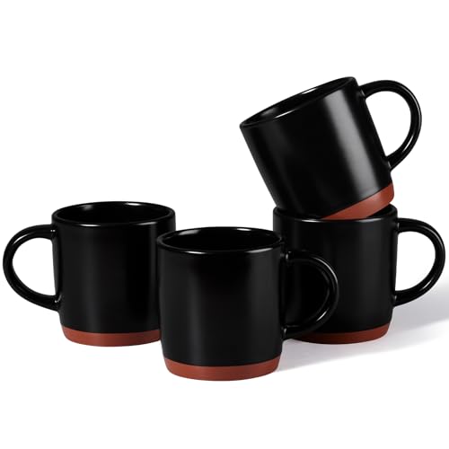 E-far Ceramic Coffee Mug Set of 4, 12oz Stoneware Coffee Cup with Handle, Porcelain Tea Cups, Modern Farmhouse Latte Mug Gift Set for Women & Men, Microwave Safe, Matte Black
