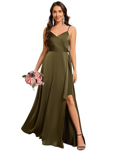 Image of Ever-Pretty Women's Sexy Spaghetti Straps Ruched V Neck Floor Length Satin Formal Dress with Slit 02317