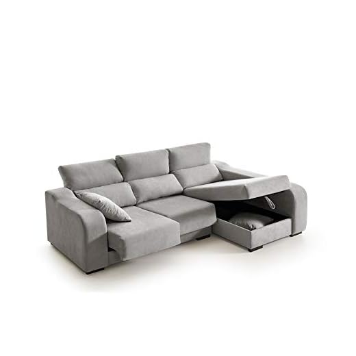 ECCOX - Sofá Chaise Longue Zafiro de 3 Plazas - Asientos Deslizantes, Cabeceros Reclinables y Arcón de Almacenaje - Chaiselonge Derecha Tapizado en Tela Antimanchas - Color Gris