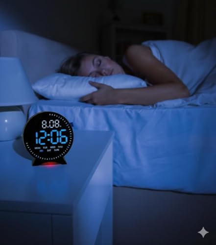 Image of Digital LED Alarm Clock with Large Display, Temperature & Date Display, Snooze Function, 12 /24 Hour Format, Night Light Base, Desk & Bedside Clock for Home Office (Moon Alarm Clock Blue)