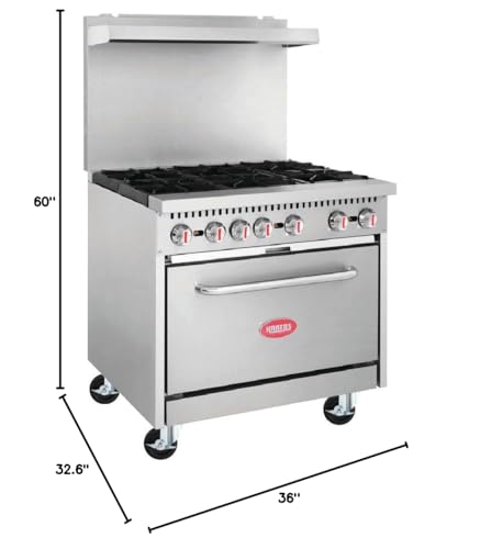 Image of Kratos 36 inch Commercial Gas Range & Oven, 6 Burners and Full Size Oven | Liquid Propane, 210,000 BTU Output, Mobile Range for Restaurants
