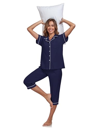 Image of COLORFULLEAF 100% Cotton Capri Pajama for Women Set Summer Short Sleeve Pj Sets for Women Cotton Sleepwear