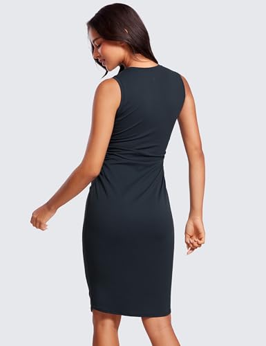 Image of CRZ YOGA Butterluxe Ruched Midi Casual Dress | Removable Pads, Extremely Soft, Bodycon, Crewneck, Party, Sleeveless, Pencil, Outfits for Women