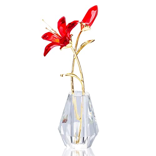 YWHL Crystal Lily Flower Figurine with Vase, Handmade Red Lily Flower Gifts for Woman, Wedding Gifts for Couple, Home Party Decorations ( Red Lily)