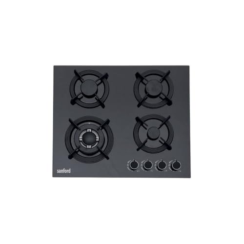 Sanford 4-Burner Glass Gas Hob | High-Temperature Resistant Tempered Glass Heavy-Duty Cast Iron Pan Support Blue Flame Electric Ignition Low Gas Consumption