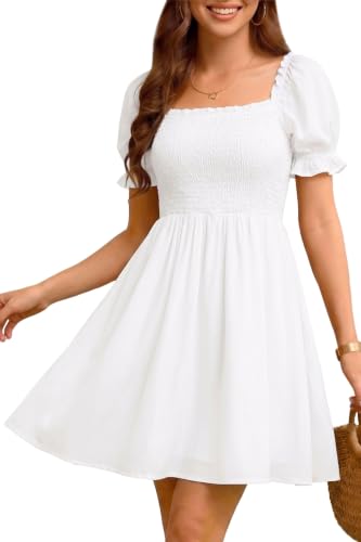 Image of Holipick Women's Casual Square Neck Smocked Dress Shirred Ruffle Puff Sleeve High Waist Cute Flowy A-Line Short Dress