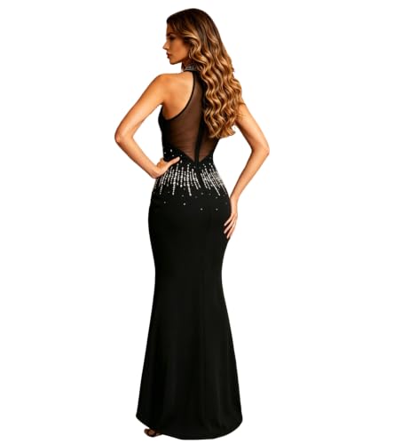Image of PORRCEY Women's Sexy Rhinestone Mesh See Through Party Night Prom Dress