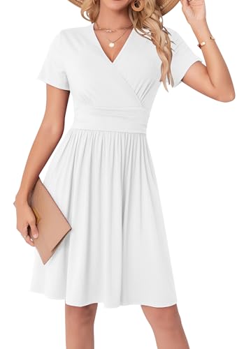 WUWUSKY Sommerkleid Damen Kurzarm V-Ausschnitt Freizeit Kleider A Linie Leicht Casual Dress mit Taschen Strandkleid Rüschen Midikleid Einfarbig...