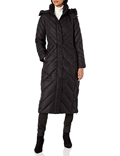 LARRY LEVINE Women's Chevron Stitched Maxi Puffer W/Detachable Faux-Fur Trimmed Hood, Black, Small