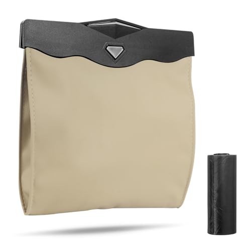 Image of XSUPER Car Trash Bag - Waterproof PU Leather Hanging Trash Can with Smart LED Light & Magnet Closure for Back Seat, Portable Trash Bin Includes 15 Rubbish Bags(Beige)
