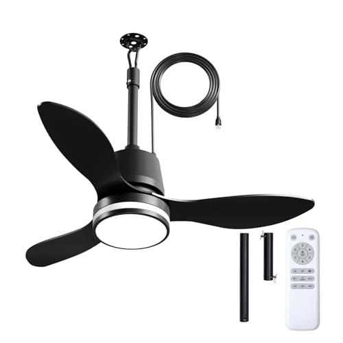 Amico 36 Inch Outdoor Ceiling Fans with Lights for Patios IP65 Waterproof Gazebo Fan Remote Control 3CCT 6 Speeds Hook Hanging Plug in Ceiling Fan for Patio Porch Pergola Garage Canopy (Black)