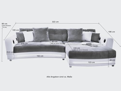 Multimedia Ecksofa B322/T190/H88 cm mit RGB-LED Beleuchtung, Soundsystem inkl. Bluetooth, USB, AUX-in, Couch spiegelverkehrt montierbar, Korpus Kunstleder Schwarz u. Bezug Mikrofaser Grau / 15411 – Bild 4