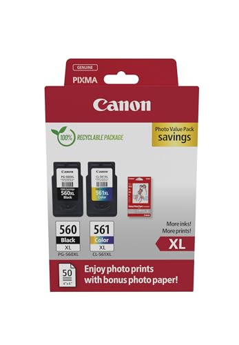 Canon Tinta y Papel Multipack   PG 560XL/CL 561XL Cartuchos de Tinta Genuinos 2 Pack (1 x Negro XL, 1 x Color XL) & Papel Fotográfico 4x6 (50 x Hojas)