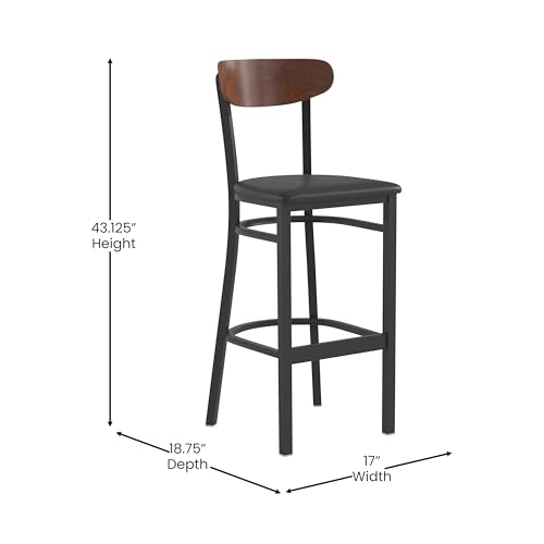 Image of Flash Furniture Wright Commercial Barstool - Walnut Finish Wood Boomerang Back - Black Vinyl Seat - 500 LB. Capacity Black Steel Frame - Integrated Footrest