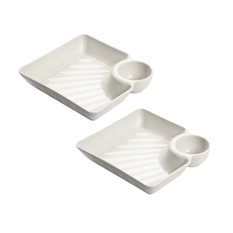 2 Pcs Serving Plates with Dipping Saucer, Japanese Sushi Plate Dumpling Plate Chips and Salsa Plate Snack Dish Serving Tray with Sauce Divider (White)