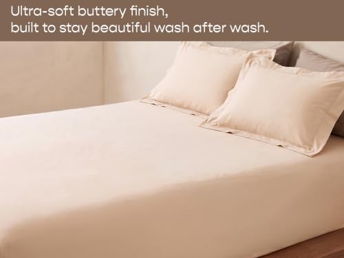 Image of SleepyCat 300 TC Cotton-Soft Microfiber Bedsheet with 2 Pillowcases|Wrinkle-Free|300 TC Plain Weave|No Creases, No Shrinkage|No Colour Fading|150 GSM|Cream|Fits Mattress Upto 8 Inches|Double
