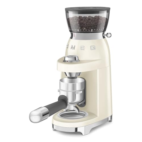 Image of SMEG CGF03 Burr Coffee Grinder, Electric Conical Burr Grinder with 15 Grind Settings, 8 Presets, 240g Bean Hopper, Espresso, Moka & Drip Coffee Grinder, 50's Retro Style (Cream)