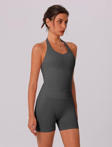 Image of ABOCIW Workout Sets for Women 2 Piece seamless Halter Sports Bra Scrunch Butt Impact Shorts Gym Yoga Outfits