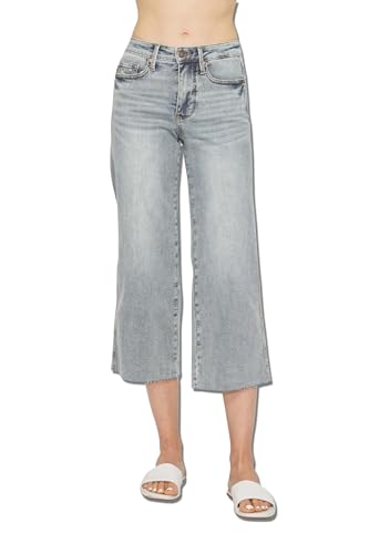 Judy Blue Women's Mid Rise Tummy Control Raw Hem Crop Wide Jeans