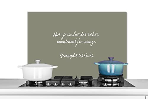 Credence olive green 80x55 cm avec citation pour plaque de cuisine fond de hotte