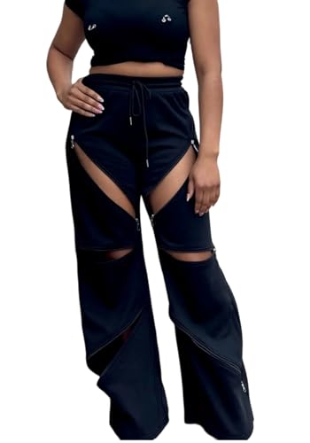 Unybwonn Women High Waist Wide Leg Y2k Sweatpants Baggy Patchwork Multi Zipper Ripped Cutout Joggers Pants Streetwear