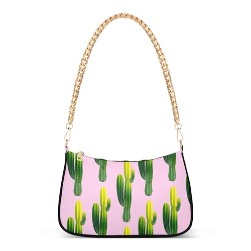 Zipper Shoulder Handbag Aesthetic Bright Green Cactus Pastel Pink Tote Handbag Colorful Womens Hobo Totes Purse Bags with Chain Strap