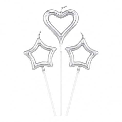 Metallic Silver Star and Heart Birthday Candles, 2 Star and 1 Heart Shaped Cake Candles, Birthday Cake Decorations, 3 Pack