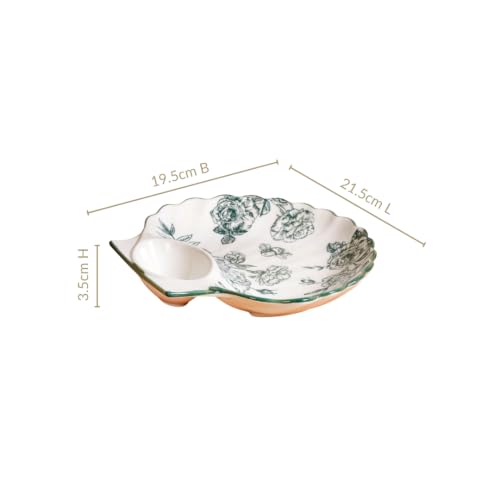 Image of Nestasia Set of 2 Ceramic Shell-Shaped Snack Plate with Dip Section for Chutney | Microwave & Dishwasher Safe Starter Plates | Perfect for Fries, Momos, Sushi, Kebab (White & Green)