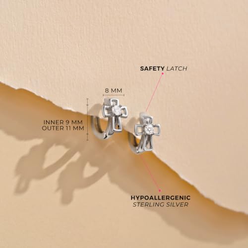 925 Sterling Silver Clear Cubic Zirconia Open Cross Huggie Hoop Earrings For Little Girls & Young Teens 11mm - Adorable Religious Gift Perfect For Christening & Baptism4