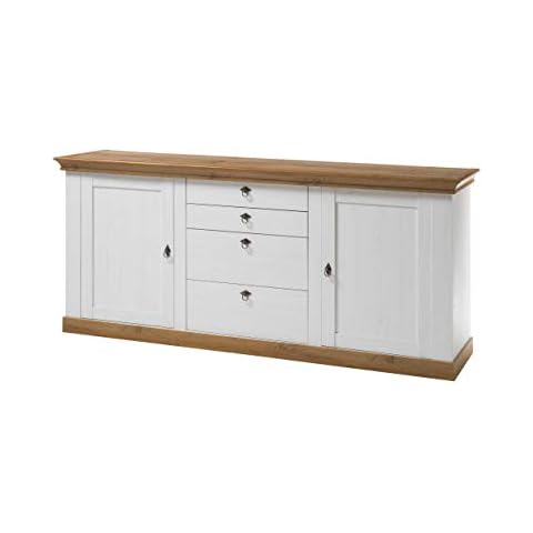 Newfurn Sideboard Kommode Landhaus Anrichte Highboard Mehrzweckschrank II 210x91x 52 cm II in Pinie Weiß/Pinie Weiß Wohnzimmer Schlafzimmer Esszimmer Cover