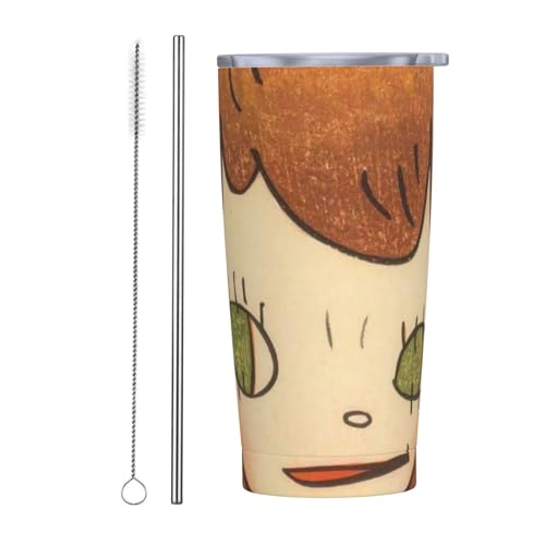 奈良美智 アニメ ストロー&ストローブラシ付き マグカップ コーヒーカップ 600ml コンビニカップ タンブラー ステンレス製 保冷 保温 車用 蓋付き 持ち運び 水筒 大容量 直飲み キャラクター 人気 プレゼント