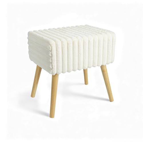 Madera Nieve Taburete Puff de Tocador Tapizado en Pelaje Sintético Caqui, Otomana con Patas de Madera Maciza, Banqueta de Maquillaje para Dormitorio, Salón o Entrada