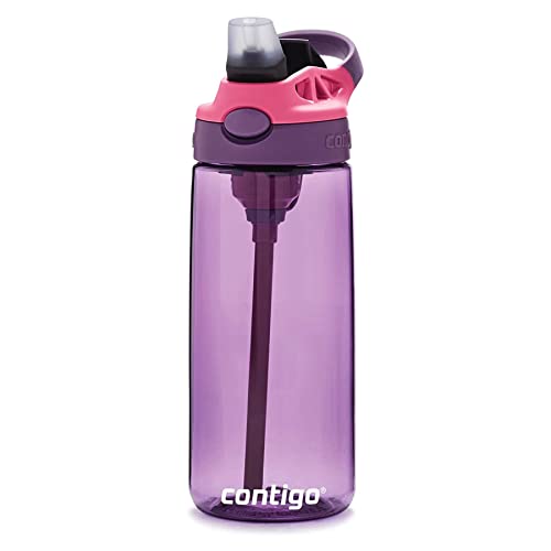 Image of Contigo Aubrey Kids Water Bottle, 20oz, Eggplant, Spill-Proof Lid, Dishwasher Safe, Easy Clean, Purple and Pink