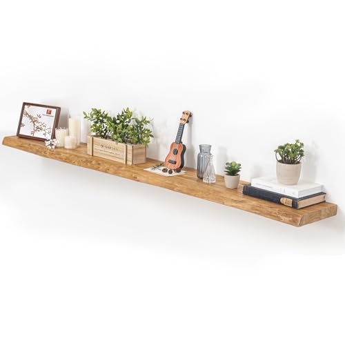 Image of Floating Shelves for Wall, 72 inchx9.3 inch Rustic Solid Live-Edge Elm Wood Wall Shelves, Heavy-Duty Floating Shelves with Invisible Brackets for Living Room, Bedroom, and Kitchen, Natural Finish