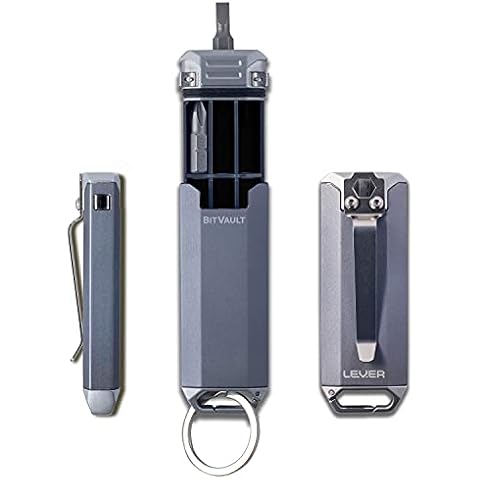 Lever Gear BitVault - Keychain Carry Case & Compact EDC Screwdriver. Waterproof Capsule Clips to Keychain, Belt or Pockets - Metallic Gray/Silver Cover