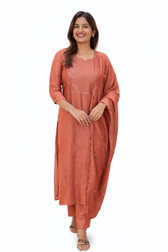 Image of Women Cotton Kurta Pant Set with Chanderi Cotton Dupatta | 3-Piece Straight Fit 3 /4 Sleeves Kurta with V-Neck | Ethnic, Festive & Casual Wear for Women| 3 Piece Set