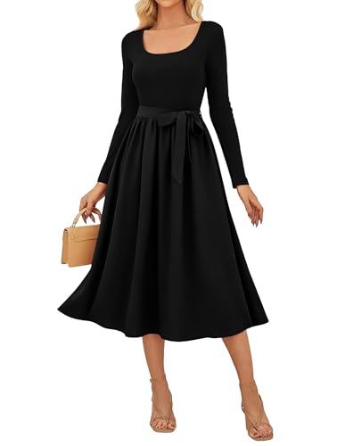 Kleid Damen Herbst A-Linie Langarm Rockabilly Kleider Damen mit Gürtel Schwarzes Kleid Damen mit Tasche Schwarz S