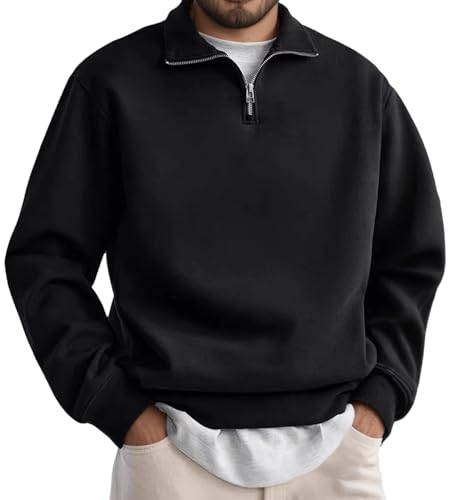 WINKEEY Sudaderas Hombres sin Capucha con Cuello Alto Sudadera con Media Cremallera Hombre Cuello Elevado Cómodas Casual Manga Larga Camiseta,Negro XL
